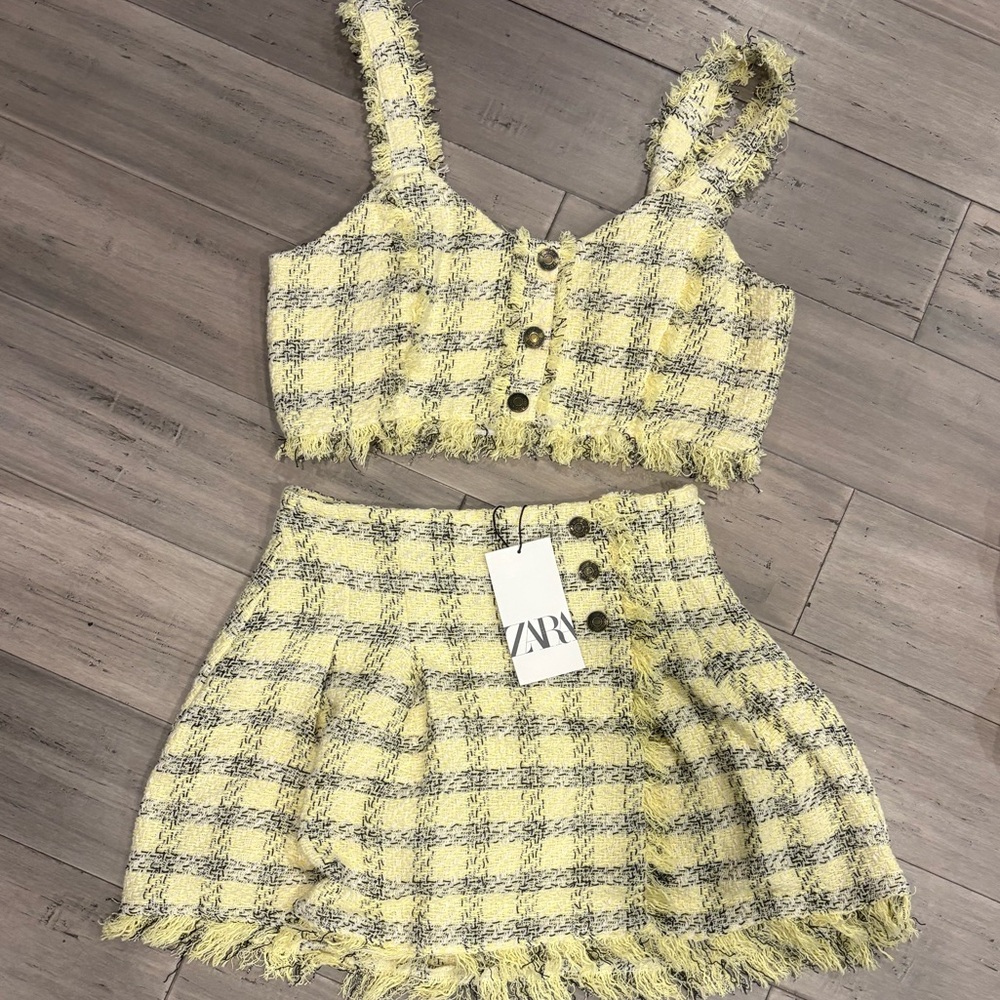 Zara Yellow and Gray Plaid Skirt Set